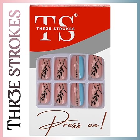 GV371 THR3E STROKES Press-On Nails,Fake Nails Manicure set Salon look Nails Includes 24Nails, 1sheet gluetabs,1 Alcohol wipe,1 Manicure Stick, 1 Mini file. (PN-22)