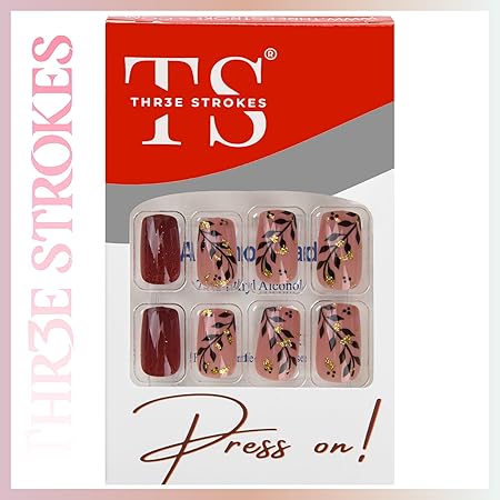 GV374 THR3E STROKES Press-On Nails,Fake Nails Manicure set Salon look Nails Includes 24Nails, 1sheet gluetabs,1 Alcohol wipe,1 Manicure Stick, 1 Mini file. (PN-25)
