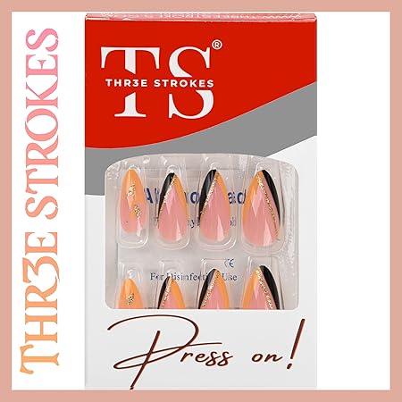 GV375 THR3E STROKES Press-On Nails,Fake Nails Manicure set Salon look Nails Includes 24Nails, 1sheet gluetabs,1 Alcohol wipe,1 Manicure Stick, 1 Mini file. (PN-27)