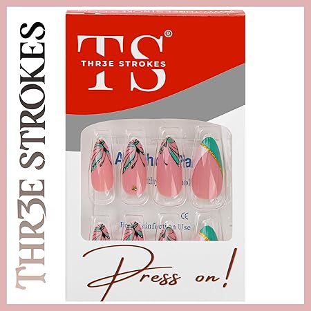 GV376 THR3E STROKES Press-On Nails,Fake Nails Manicure set Salon look Nails Includes 24Nails, 1sheet gluetabs,1 Alcohol wipe,1 Manicure Stick, 1 Mini file. (PN-28)