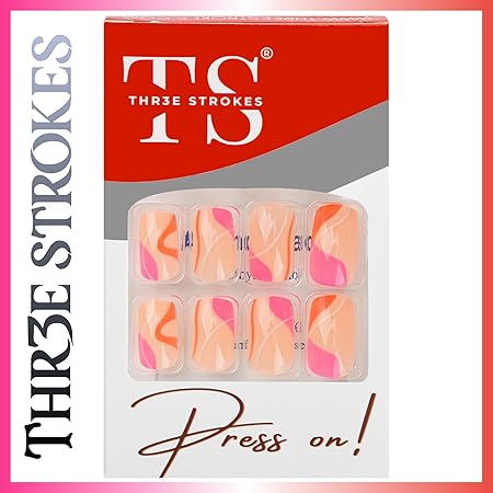 GV377 THR3E STROKES Press-On Nails,Fake Nails Manicure set Salon look Nails Includes 24Nails, 1sheet gluetabs,1 Alcohol wipe,1 Manicure Stick, 1 Mini file. (PN-30)