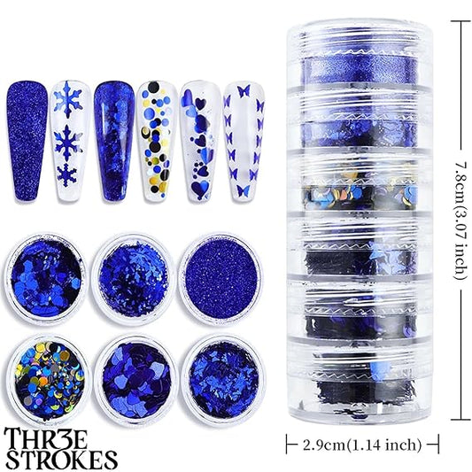 GV380 THR3E STROKES Christmas Nail Art Glitters Blue Nail Sequins, Winter Blue Snowflake Nail Glitter Kit, Mixed Butterfly Heart Nail Glitter Flakes DIY Nail Art Decoration Supplies for Women Manicure (6 Jars) (D45)