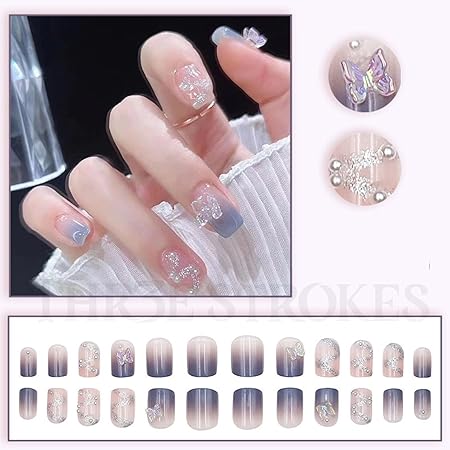 GV383 THR3E STROKES Press-On Nails, FakeNails Manicure set Salon look Nails Includes 24Nails, 1sheet gluetabs,1 Alcohol wipe,1 Manicure Stick, 1 Mini file PN-40