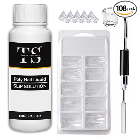 GV399 THR3E STROKES Nail Slip Solution Kit Poly Nail Gel Slip Solution 100ml/Nail Extension Slip Solution for Poly Nail Gel Nails with Dual-ended Brush for Beginner