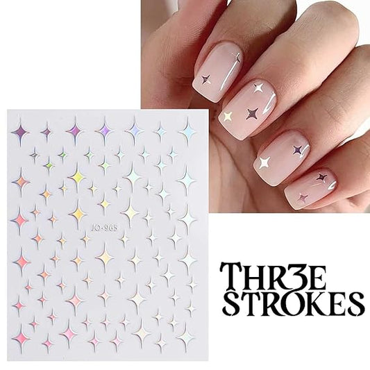 GV410 THR3E STROKES 12 Sheets Aurora Nail Art Stickers Decals Self-Adhesive Pegatinas Uñas Glitter Holographic Star Heart Nail Supplies Nail Art Design Decoration Accessories (D22)