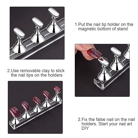 GV411 THR3E STROKES 2 Sets Acrylic Nail Display Stand - Tip Practice Stand With Magnetic Holder for DIY Nail Art and Manicure Tools (mix color)(ACRYLIC NAIL STAND 2PCS)