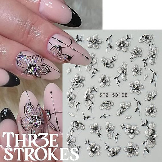 GV431 THR3E STROKES TS Flower Nail Art Stickers Decals 5D Embossed Floral Leaf Petal Design Summer Nails Adhesive Sliders Flower Stickers for Women Nail Art (D12)