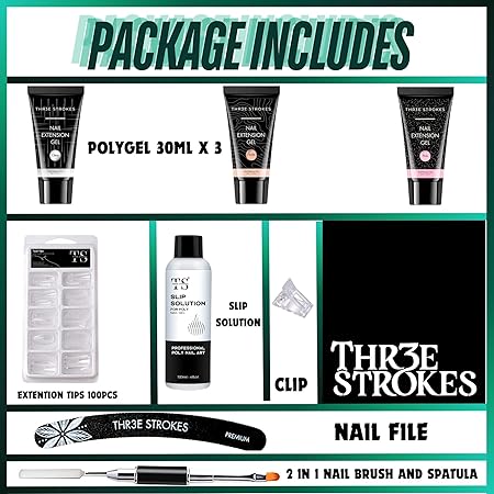 GV437 THR3E STROKES Poly Extension Gel Nail Kit, Clear Nude Pink Builder Nail Gel Kit With Slip Solution Dual Nail forms, Nail Clips for Poly Gel, Nail Starter Kit, Home Manicure Set (EMERALD KIT)