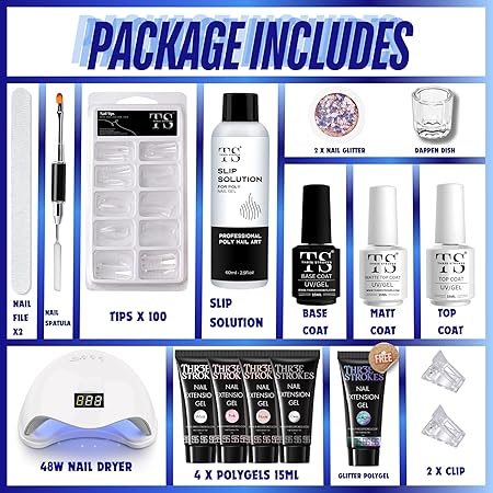 GV439 THR3E STROKES Professional Poly Gel Nail Kit with U V Light Starter Kit, 6 Pcs Builder Gel Nail Extension Kit for Beginners with Everything Nail Art DIY (SAPPHIRE KIT)