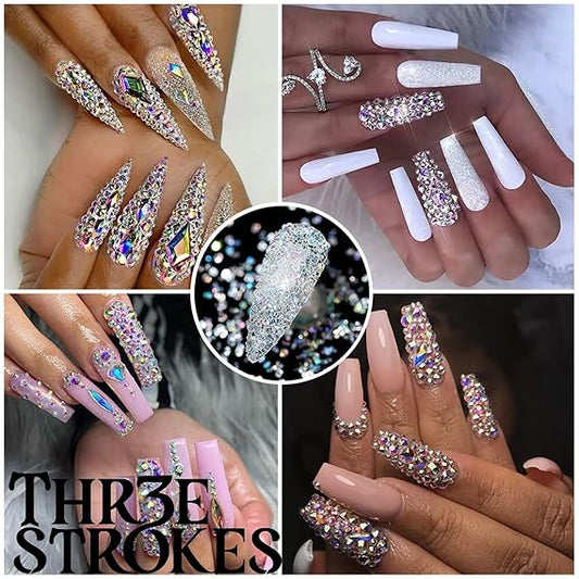 GV440 THR3E STROKES 2052Pcs Crystal AB Nail Rhinestones and Charms - 72 Multi Shapes, Flatback Rhinestones, Big Nails Art Gems & 1980 Round Beads K9 Glass Stones - Eyes & Makeup (D4)