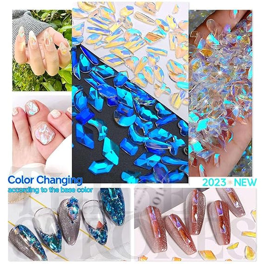 GV486 THR3E STROKES Aurora Nail Art Rhinestones Clear Moonlight Charms Multi Shapes Flatback Big Gems Round Beads K9 Glass Crystals Diamonds Jewels for Nails Faces Makeup (d2)