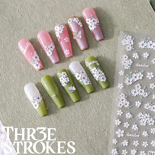 GV487 THR3E STROKES Flower Nail Art Stickers White Flower Nail Decals 5D Acrylic Engraved Nail Spring Summer Exquisite Design Nail Art Supplies White Flower for Nails DIY Nail Art D16 (1 Sheet)