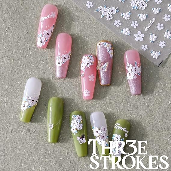 GV487 THR3E STROKES Flower Nail Art Stickers White Flower Nail Decals 5D Acrylic Engraved Nail Spring Summer Exquisite Design Nail Art Supplies White Flower for Nails DIY Nail Art D16 (1 Sheet)