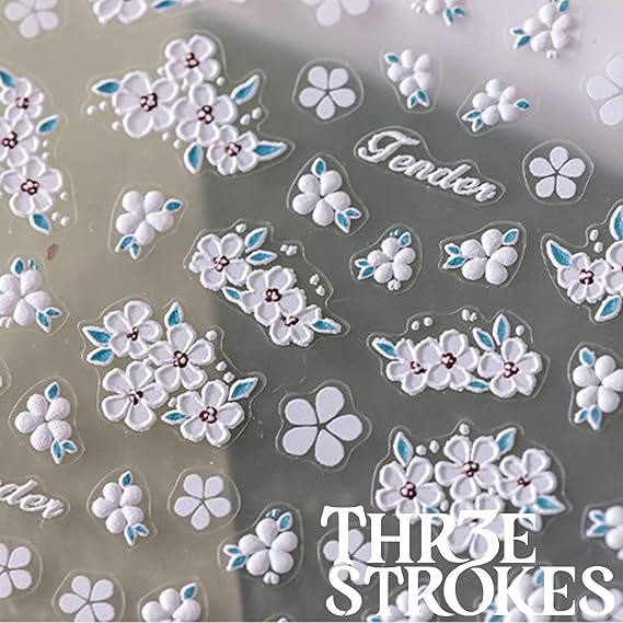 GV487 THR3E STROKES Flower Nail Art Stickers White Flower Nail Decals 5D Acrylic Engraved Nail Spring Summer Exquisite Design Nail Art Supplies White Flower for Nails DIY Nail Art D16 (1 Sheet)