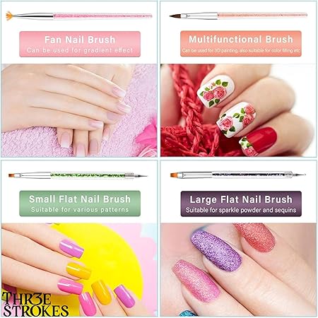 GV488 THR3E STROKES Art Brushes, 9PCS Nail Brushes With Liner Brush and Dotting Pens for Home Use and Professional Salon (NSB1)