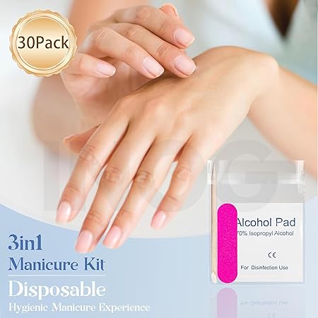 GV492 INOG 30 Pack Disposable Manicure Kit Individually Packed 3-Piece Mini Press on Nail Art Tool Prep Kit Includes Mini Nail File, Cuticle Stick, Prep Pad, 30 Sets for Salon Business Home Travel Use
