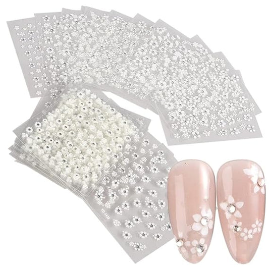 GV493 INOG 30 Sheet Mini Flower Nail Art Stickers - Colorful Daisy Designs, Self-Adhesive, Embossed Embellishments for Nail Extension (White)