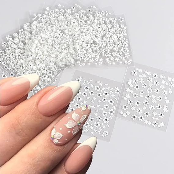 GV493 INOG 30 Sheet Mini Flower Nail Art Stickers - Colorful Daisy Designs, Self-Adhesive, Embossed Embellishments for Nail Extension (White)