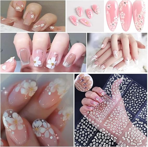 GV493 INOG 30 Sheet Mini Flower Nail Art Stickers - Colorful Daisy Designs, Self-Adhesive, Embossed Embellishments for Nail Extension (White)