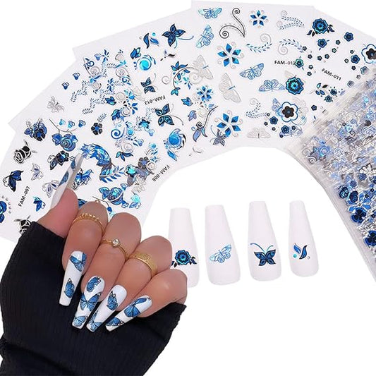 GV494 INOG 30 Sheets Flower Nail Art Stickers, White Flower with Rhinestones Designs Nail Decals 3D Self Adhesive Nail Stickers NailArt Supplies White Flower Stickers for Nails (Blue)