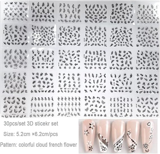 GV495 INOG 30 Sheets Flower Nail Art Stickers - White Flower With Rhinestones Designs, 3D Self Adhesive Decals for Nails Art Supplies (Black)