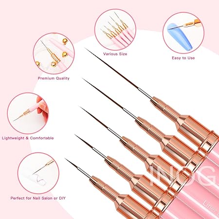 GV501 INOG Nail Art Liner Brushes, 5Pcs Painting Nail Art Brush Set Nail Dotting Drawing Tool for Long Lines, Thin Details, Fine Drawing Sizes 4/8/12/20/25mm(Pink) Nylon, Fine Point Bristle