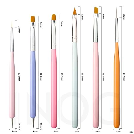 GV502 INOG Nail Art Brushes Set,6pcs Nail Art Design Pen Painting Tools with Extension Gel Brush, Polish Brush, Builder Brush,Liner Brush, Carved Brush, and Dotting Pen for Home DIY Salon Use
