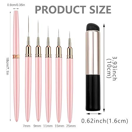 GV504 INOG 7Pcs Nail Art Brush Set-2pcs Silicone Nail Art Brushes Set, ReusableNail Brushes for Women and 5PCS Line Brushes for Nail, Lipstick Concealer Makeup Brush, Nail Gradient Brush, Thin Nail Details Brushes(7/9/11/15/25mm)