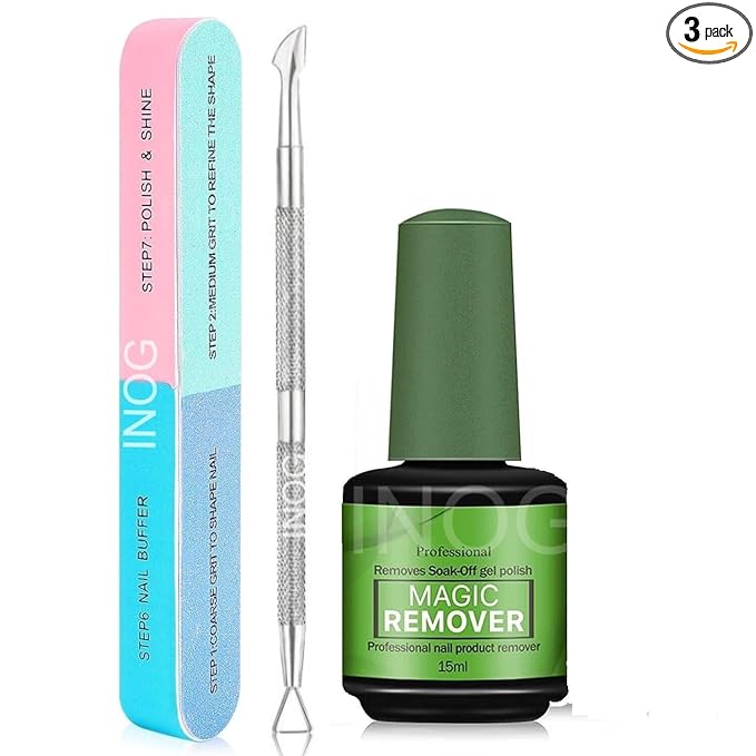 GV509 INOG Gel Nail Polish Remover, No Need for Foil, Quick & Easy Polish Remover In 3-5 Minutes, No Need Soaking Or Wrapping Doesn't Hurt Nails-15ml (Set of 3) (7in1 Filer+Peeler)