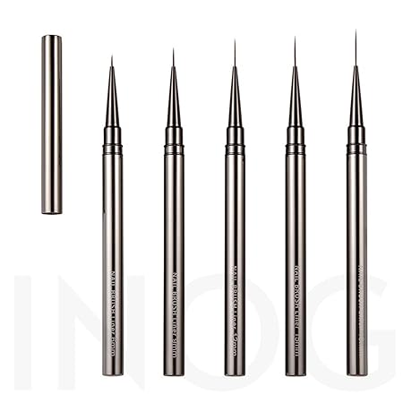 GV516 INOG Nail Art Brush Set, Nail Art Liner Brushes Nail Dotting Drawing Tool for Long Lines, Thin Details, Fine Drawing 5Pcs Set, Sizes 6/9/12/15/18mm(Silver) Nylon, Fine Point Bristle