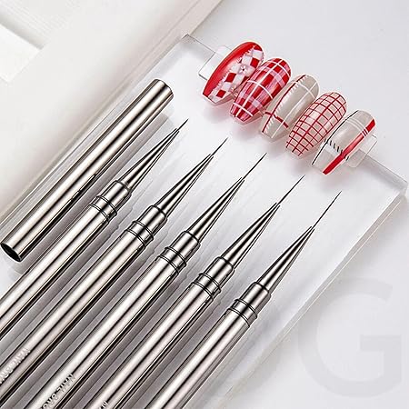 GV516 INOG Nail Art Brush Set, Nail Art Liner Brushes Nail Dotting Drawing Tool for Long Lines, Thin Details, Fine Drawing 5Pcs Set, Sizes 6/9/12/15/18mm(Silver) Nylon, Fine Point Bristle
