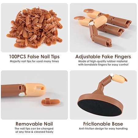 GV527 INOG Practice Hand for Acrylic Nails Adjustable Fake Mannequin Fingers - 3PCS Training Set With Acrylic Base and 100PCS Brown Nail Tips - Movable & Flexible For Nail Art Practice