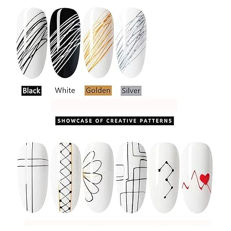 GV539 INOG 4 Colors Spider Gel with Nail Art Brushes, Wire Drawing Gel Polish for Line (White Black Gold Silver)