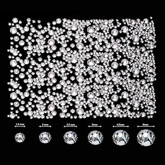 GV564 INOG 2400pcs Nail Art Rhinestones Kit: Crystal Clear Flatback Round Rhinestones (1.5-4.5 mm), with Storage Box/Wax Pencil/Tweezers for Nail Art Craft