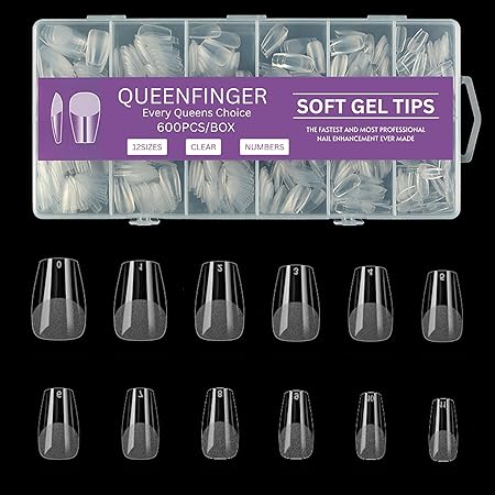 GV581 QUEENFINGER Gel X Nail Tips, Soft Gel Full Cover Clear Acrylic Nail Extensions for Manicure Nail Art Salon or Home DIY Use Medium Length ( 600PCS)