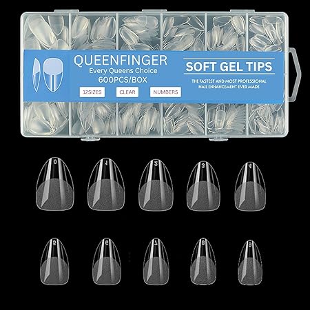 GV581 QUEENFINGER Gel X Nail Tips, Soft Gel Full Cover Clear Acrylic Nail Extensions for Manicure Nail Art Salon or Home DIY Use Medium Length ( 600PCS)