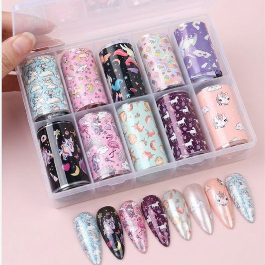 GV917 10pcs Unicorn Nail Foil Transfer Set – Cute Cartoon Rainbow & Princess Nail Art Foils with Storage Box for Gel Polish & DIY Manicure