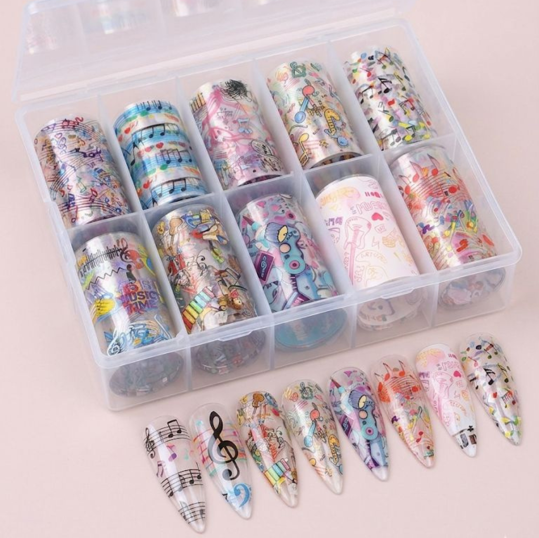 GV933 10pcs Music & Cartoon Nail Foil Transfer Set – Cute Doodle, Notes & Pop Art Nail Art Foils with Storage Box