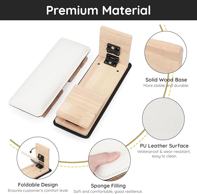 GV878 Foldable Nail Armrest – Adjustable Wooden Manicure Hand Rest with PU Leather Cushion