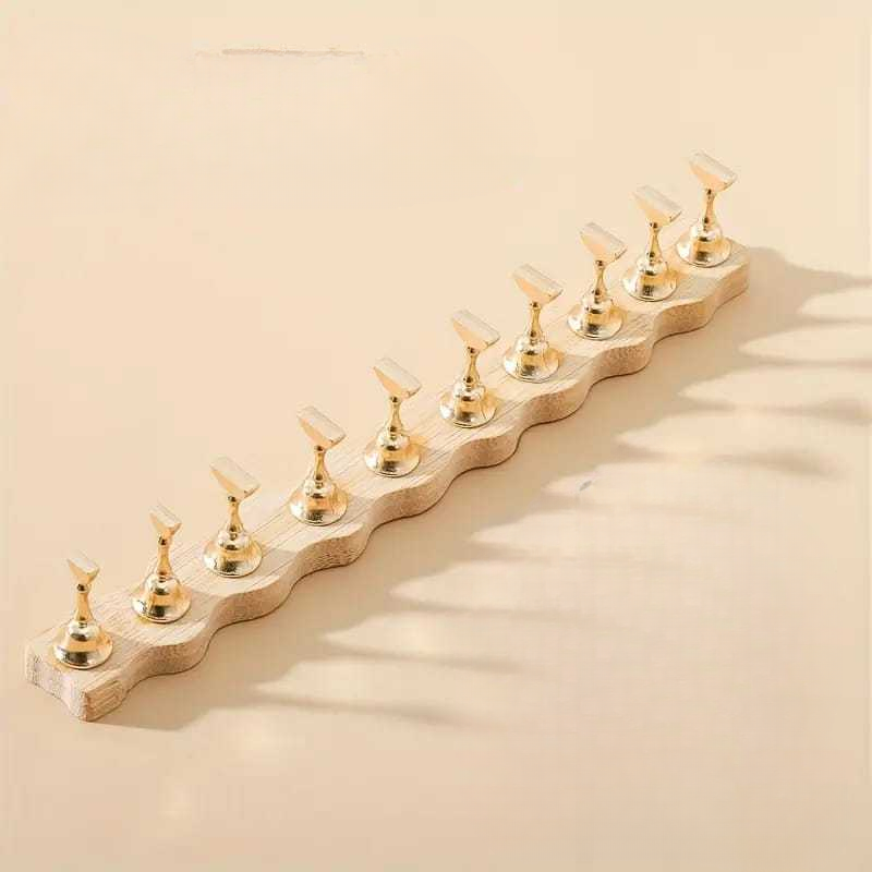 GV877 Wooden Press-On Nail Display Stand with Gold Holders – Professional Nail Art Practice Base