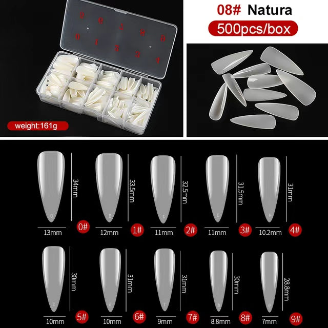 GV844 500pcs Natural Almond Nail Tips – Full Cover Nail Extension Tips (10 Sizes) for Acrylic, Gel & Press-On Nails | 08# Natural