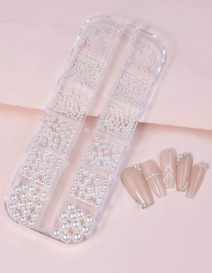 GV584 3D Nail Art Pearl Beads Decoration Set – Multi-Size White Pearls for Manicure & DIY Crafts