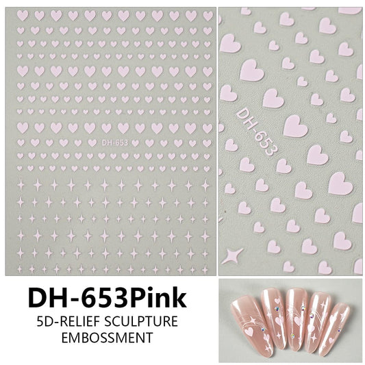 GV601 DH-653 5D Relief Nail Art Stickers – Hearts & Stars Embossed Design