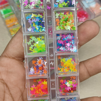 GV806 12-Color Neon Butterfly Nail Art Glitter Box – High-Glow Laser Cut Shapes
