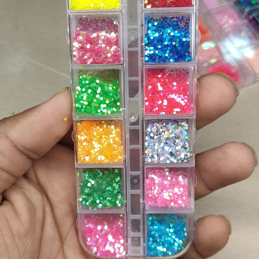 GV807 12-Color Neon Chunky Hexagon Glitter Box – Holographic Nail Art Sparkle Mix