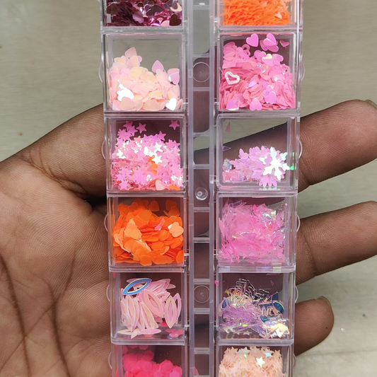 GV808 12-Shape Pink & Peach Nail Art Sequin Mix Box – Hearts, Stars, Flowers & More