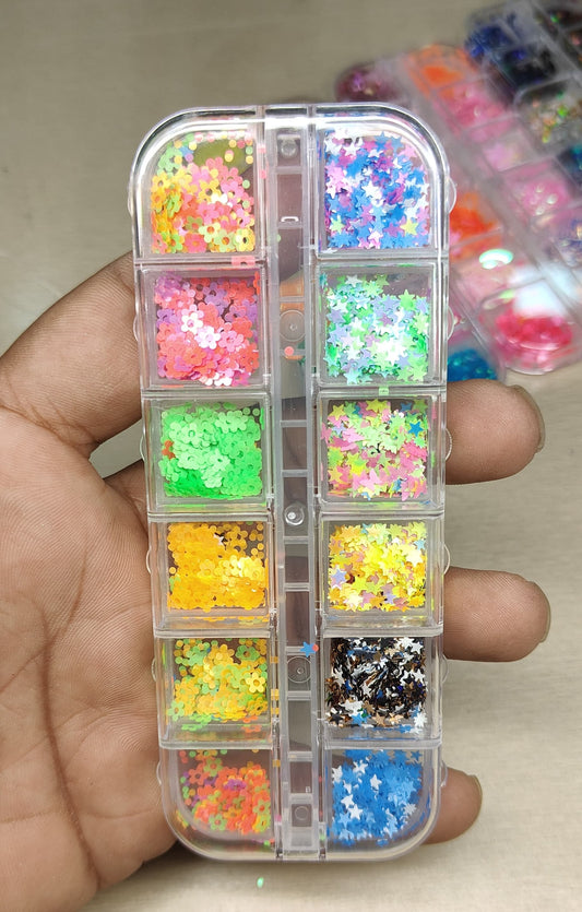 GV809 12-Color Neon Daisy & Star Nail Art Sequin Box – Mixed Floral & Star Shaped Glitter Set