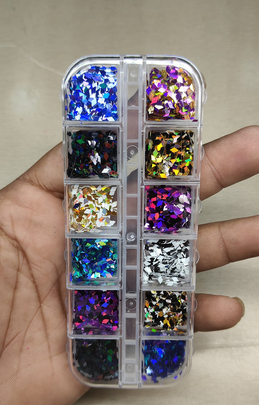 GV810 Holographic Chunky Nail Art Glitter Set – 12-Color Iridescent Flake Collection for Nails, Crafts & Resin