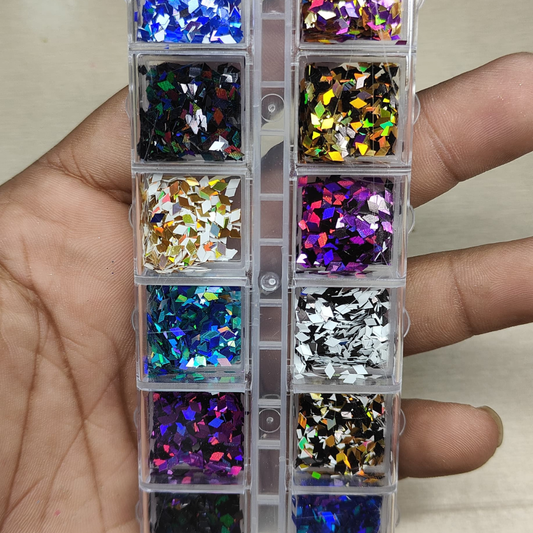 GV810 Holographic Chunky Nail Art Glitter Set – 12-Color Iridescent Flake Collection for Nails, Crafts & Resin