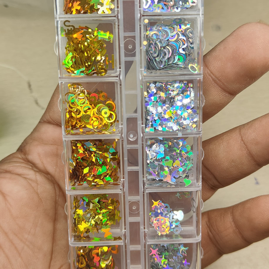 GV812 12-Compartment Mixed Shape Holographic Nail Art Glitter Set – Stars, Hearts, Squares & More for Nails, Resin & Crafts
